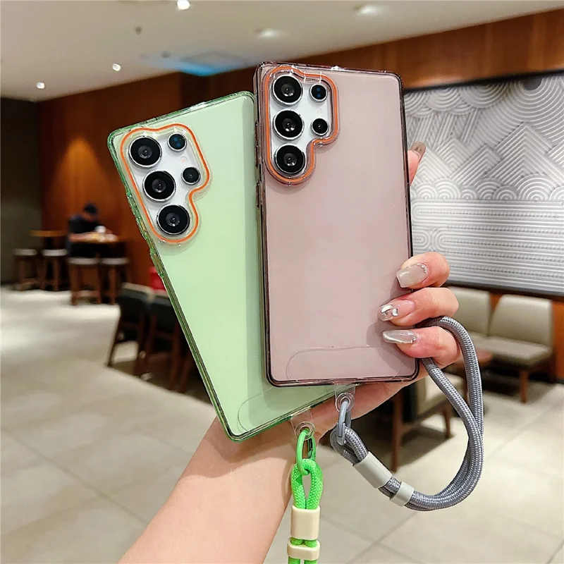 For Samsung Galaxy S25 Ultra Case with Wrist Strap / Orange Camera Edge TPU + PC Shockproof Phone Back Cover - Transparent White