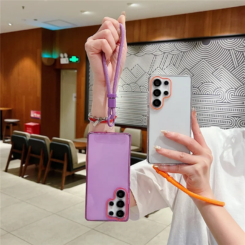For Samsung Galaxy S25 Ultra Case with Wrist Strap / Orange Camera Edge TPU + PC Shockproof Phone Back Cover - Transparent White
