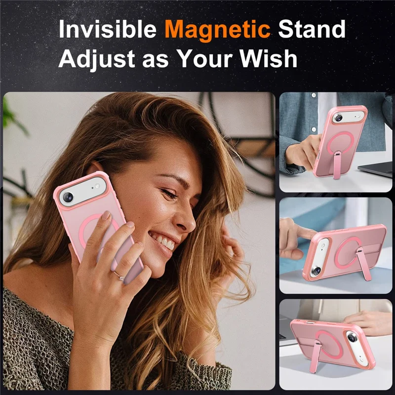 Étui Air Compatible iPhone 17 avec MagSafe Béquille TPU + Coque de Protection Antichoc en PC - Rose