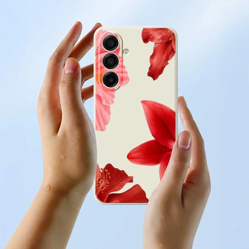 Funda para Samsung Galaxy A17 5G Patrón de Flor Roja Impresión Borde Recto Cubierta Trasera de Teléfono TPU - Beige