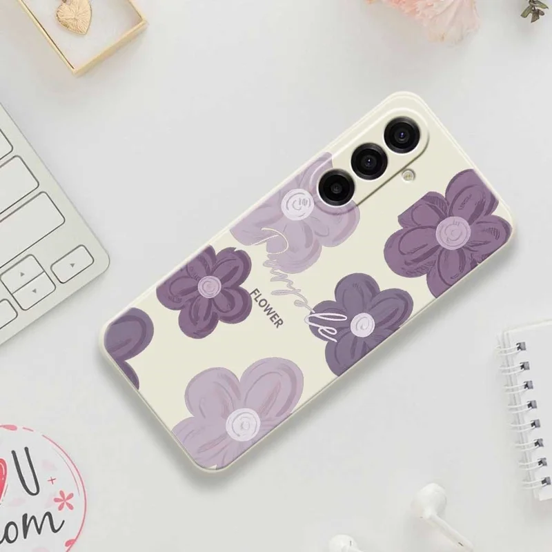 Per Samsung Galaxy A17 5G Custodia Fiore Viola Motivo di Stampa Bordo Dritto Custodia Posteriore TPU Telefono - Beige