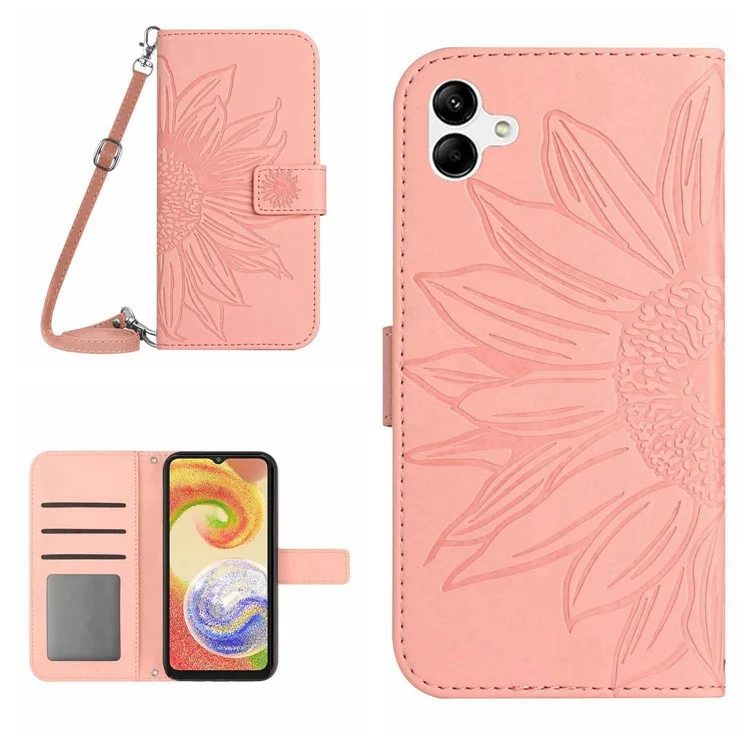 Case de Teléfono de Soporte de Cuero PU Para Samsung Galaxy A04 4G (164.4 x 76.3 x 9.1 Mm) HT04 Toque de Techo de Piel Tope de Girasol Cubierta Con Correa Para el Hombro - Rosa Claro