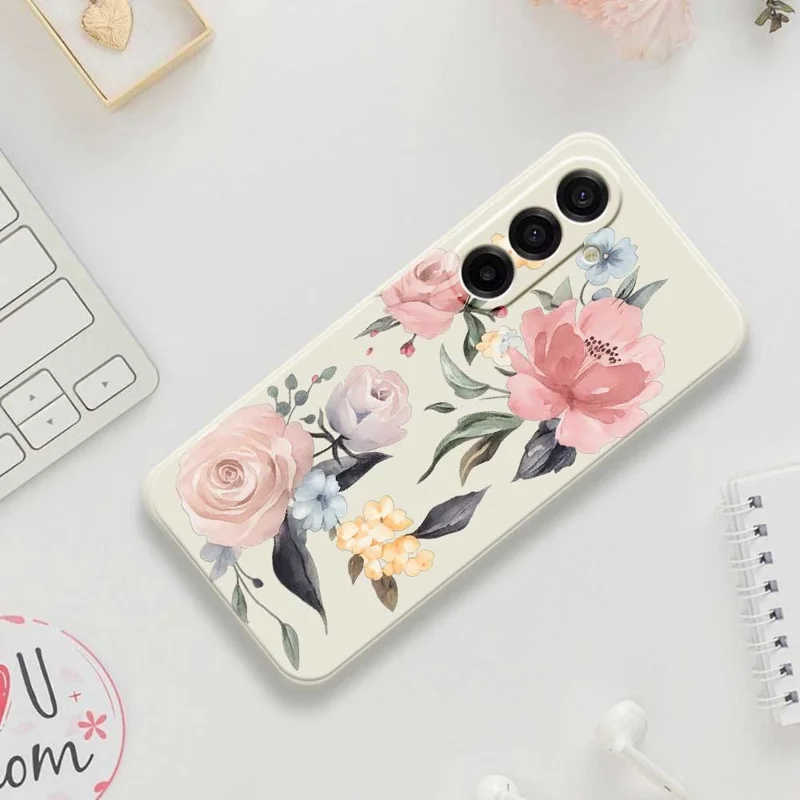 For Samsung Galaxy A17 5G / A17 4G Case Big Flowers Pattern Printing Straight Edge TPU Phone Back Cover - Beige