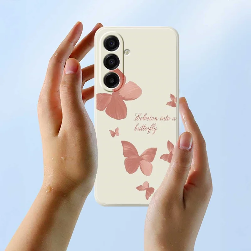 Étui pour Samsung Galaxy A17 5G - Motif papillons multicolores, bords droits, en TPU - Beige