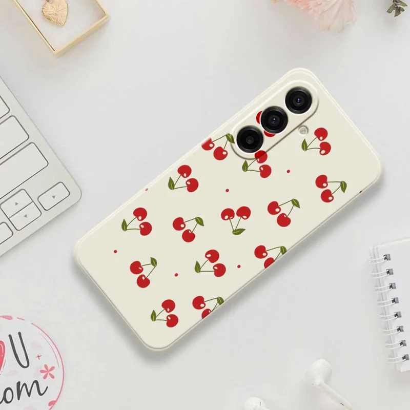 For Samsung Galaxy A17 5G / A17 4G Case Cherry Pattern Printing Straight Edge TPU Phone Back Cover - Beige