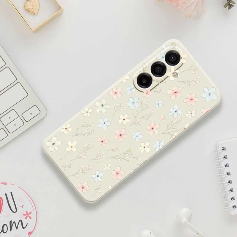Étui pour Samsung Galaxy A17 5G avec motif de petites branches de fleurs, impression sur bord droit, couverture arrière de téléphone en TPU - Beige