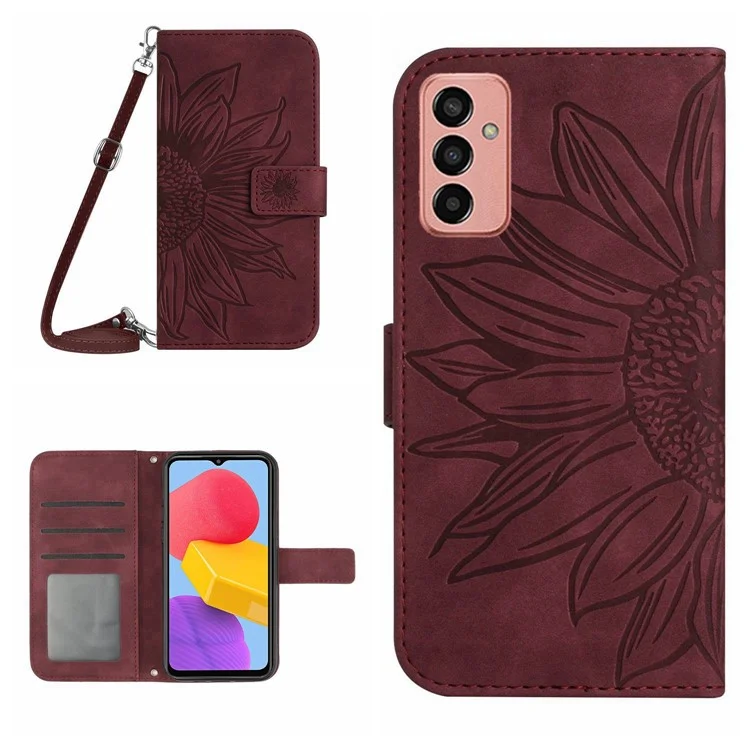 Case de Teléfono de Cierre Magnético Para Samsung Galaxy M13 4G, HT04 HT04 Imprimido Para la Piel Tirador de Girasol PU Cuero de Cuero Cubierta Protectora Con Correa Para el Hombro - Vino Rojo