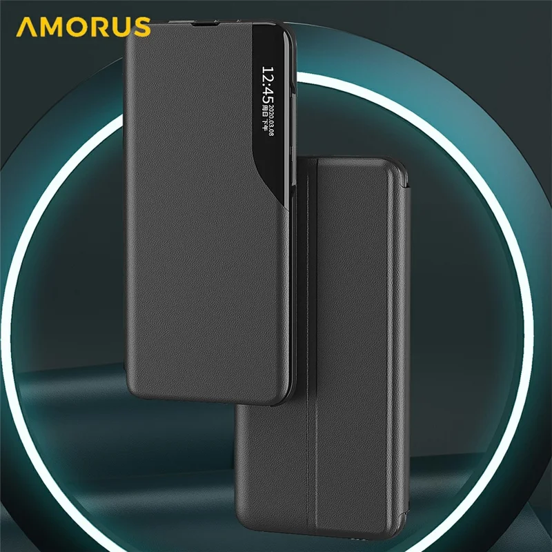 AMORUS для чехла Samsung Galaxy S25 Edge с окном просмотра, подставкой, чехол из искусственной кожи - черный