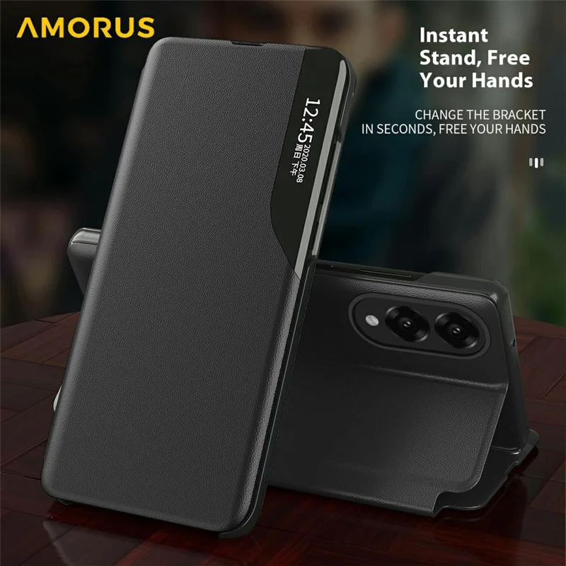 AMORUS для чехла Samsung Galaxy S25 Edge с окном просмотра, подставкой, чехол из искусственной кожи - черный