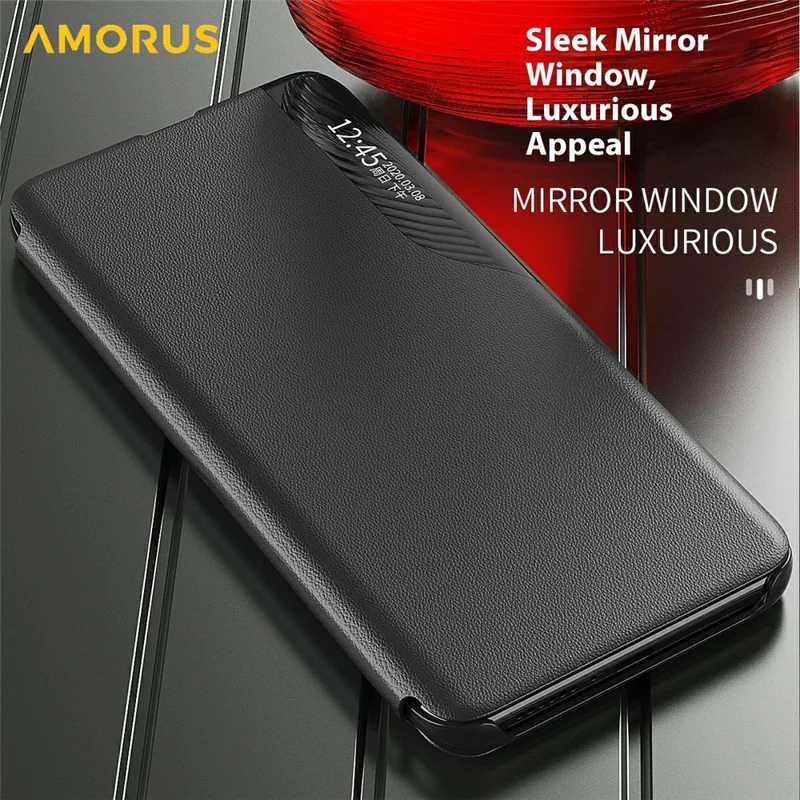 AMORUS для чехла Samsung Galaxy S25 Edge с окном просмотра, подставкой, чехол из искусственной кожи - черный