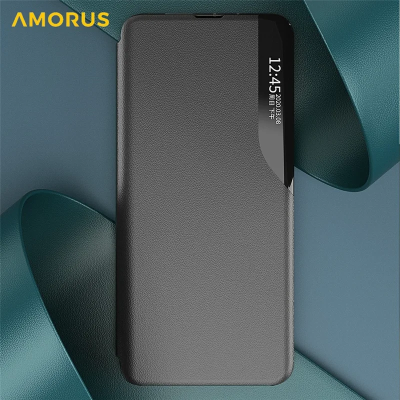 AMORUS для чехла Samsung Galaxy S25 Edge с окном просмотра, подставкой, чехол из искусственной кожи - черный