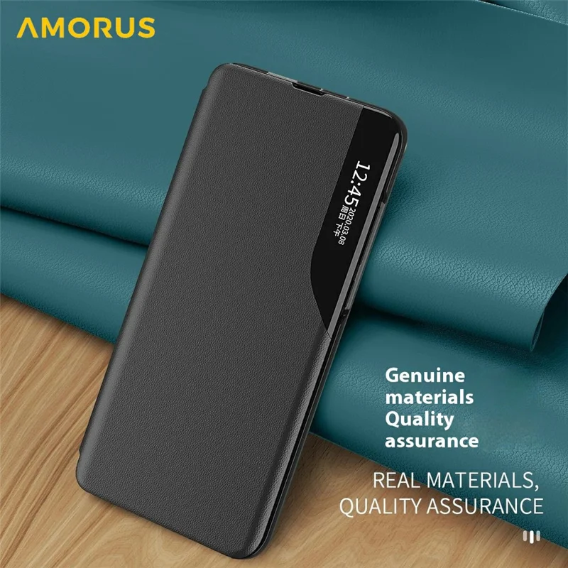AMORUS для чехла Samsung Galaxy S25 Edge с окном просмотра, подставкой, чехол из искусственной кожи - черный