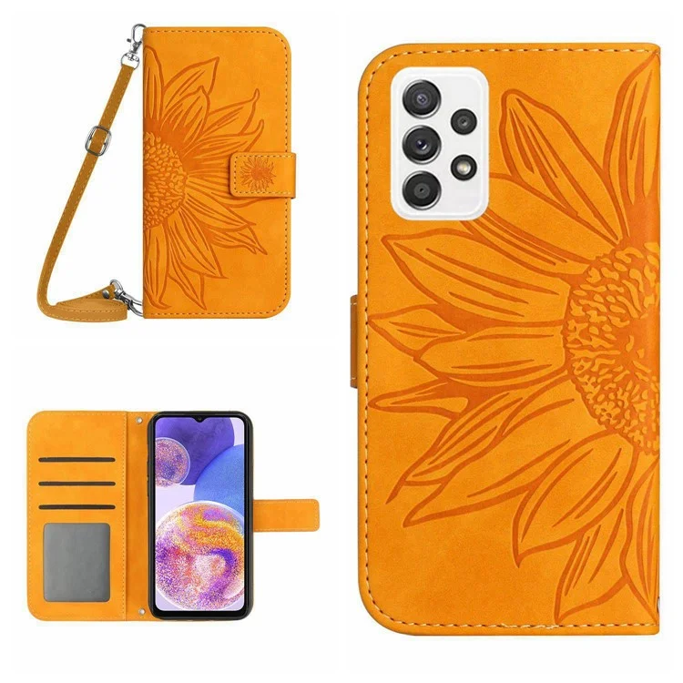 Pour Samsung Galaxy A23 4G / 5G HT04 Portefeuille Anti-drop Case de Téléphone Téléphone Sunflower Imprimé en Cuir PU Couvercle de Touche Avec Bandoulière Avec Bandoulière - Jaune