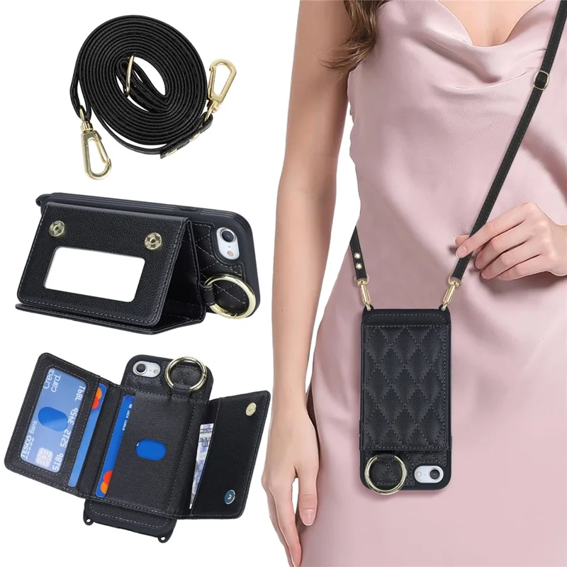 Funda para iPhone SE (2022) / (2020) / 8 / 7 con cordón / Espejo / Tarjetero Patrón de cuadrícula Bloqueo RFID Cubierta de teléfono - Negro