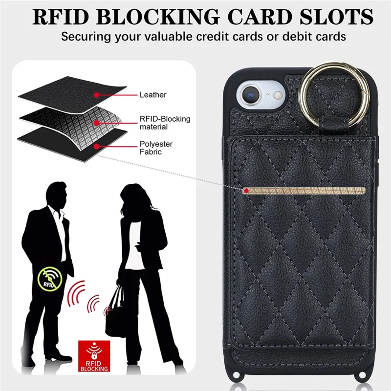 Funda para iPhone SE (2022) / (2020) / 8 / 7 con cordón / Espejo / Tarjetero Patrón de cuadrícula Bloqueo RFID Cubierta de teléfono - Negro