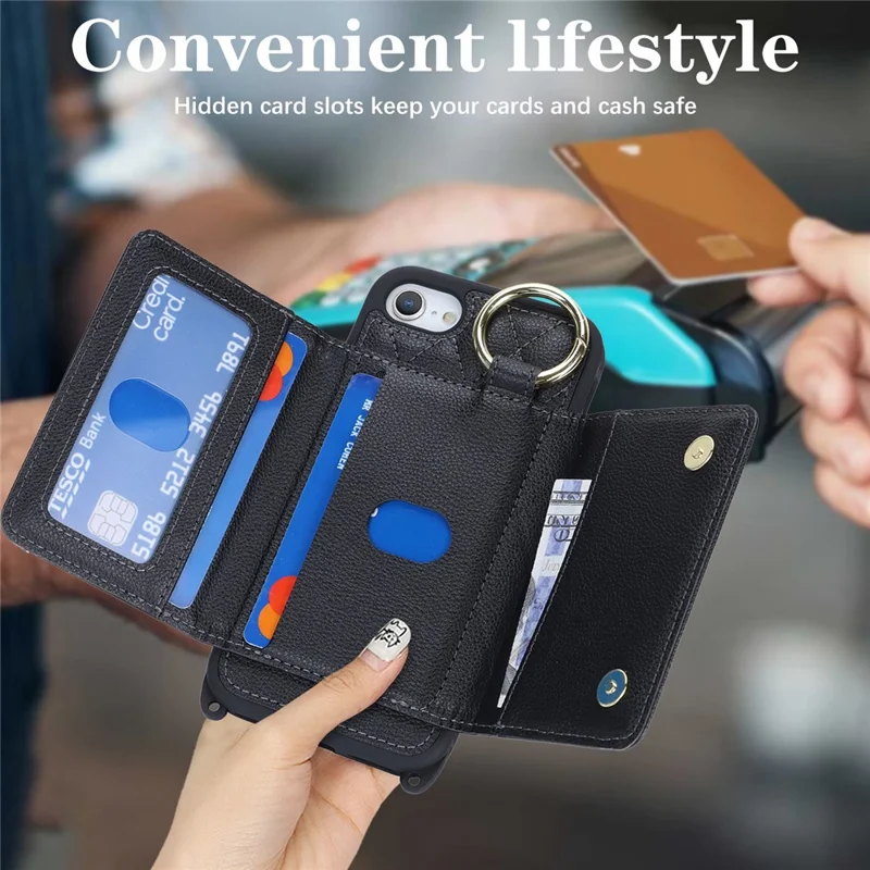 Funda para iPhone SE (2022) / (2020) / 8 / 7 con cordón / Espejo / Tarjetero Patrón de cuadrícula Bloqueo RFID Cubierta de teléfono - Negro