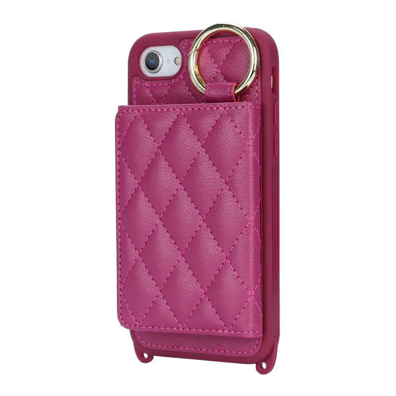 For iPhone SE (2022) / (2020) / 8 / 7 Case with Lanyard / Mirror / Card Holder Grids Pattern RFID Blocking Phone Cover - Rose