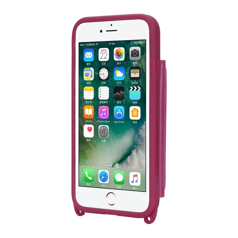 For iPhone SE (2022) / (2020) / 8 / 7 Case with Lanyard / Mirror / Card Holder Grids Pattern RFID Blocking Phone Cover - Rose