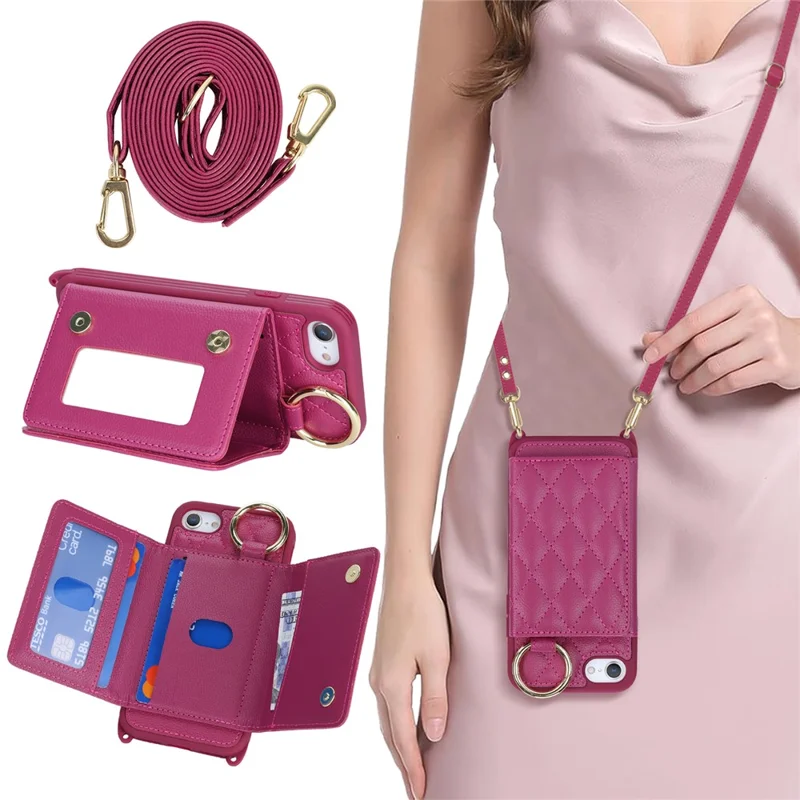 For iPhone SE (2022) / (2020) / 8 / 7 Case with Lanyard / Mirror / Card Holder Grids Pattern RFID Blocking Phone Cover - Rose