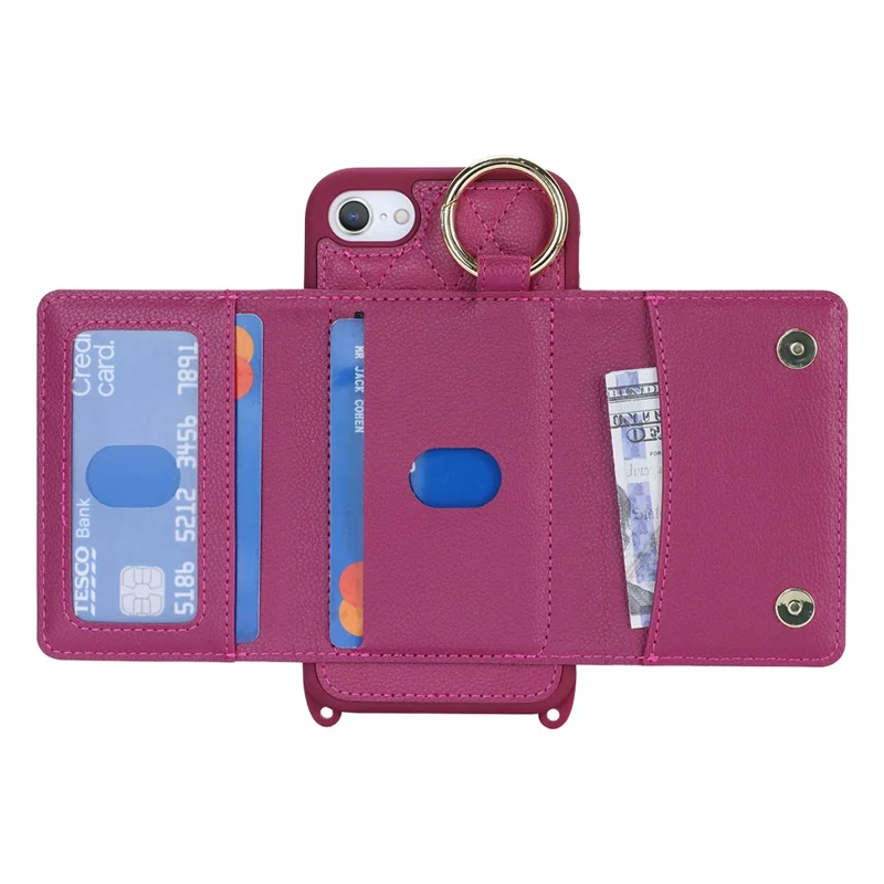 For iPhone SE (2022) / (2020) / 8 / 7 Case with Lanyard / Mirror / Card Holder Grids Pattern RFID Blocking Phone Cover - Rose
