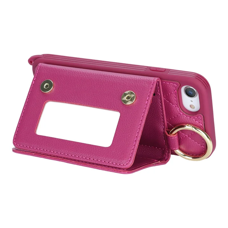 For iPhone SE (2022) / (2020) / 8 / 7 Case with Lanyard / Mirror / Card Holder Grids Pattern RFID Blocking Phone Cover - Rose