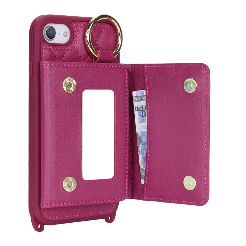 For iPhone SE (2022) / (2020) / 8 / 7 Case with Lanyard / Mirror / Card Holder Grids Pattern RFID Blocking Phone Cover - Rose