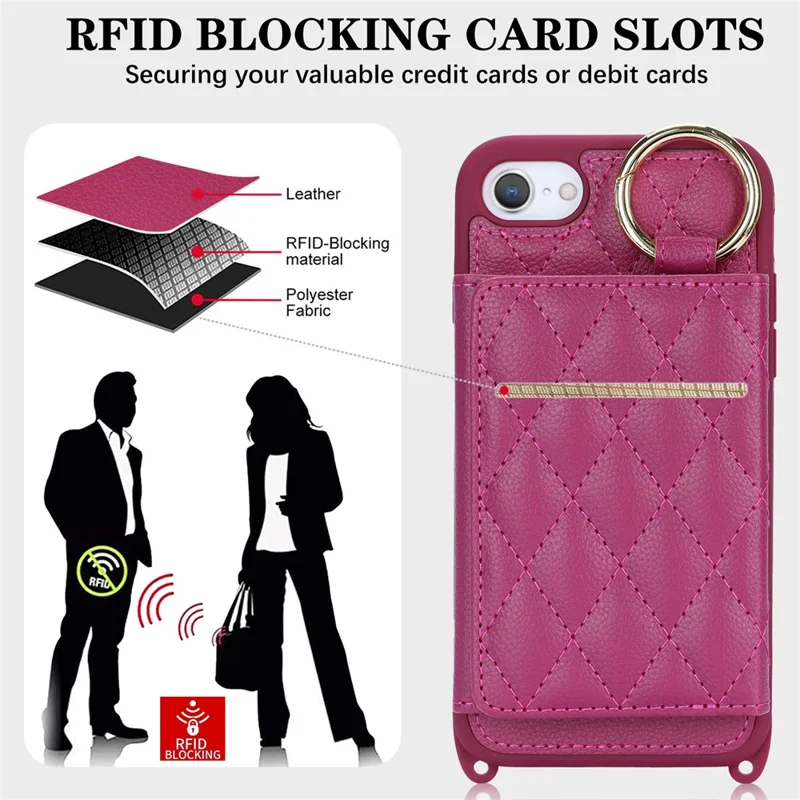 For iPhone SE (2022) / (2020) / 8 / 7 Case with Lanyard / Mirror / Card Holder Grids Pattern RFID Blocking Phone Cover - Rose