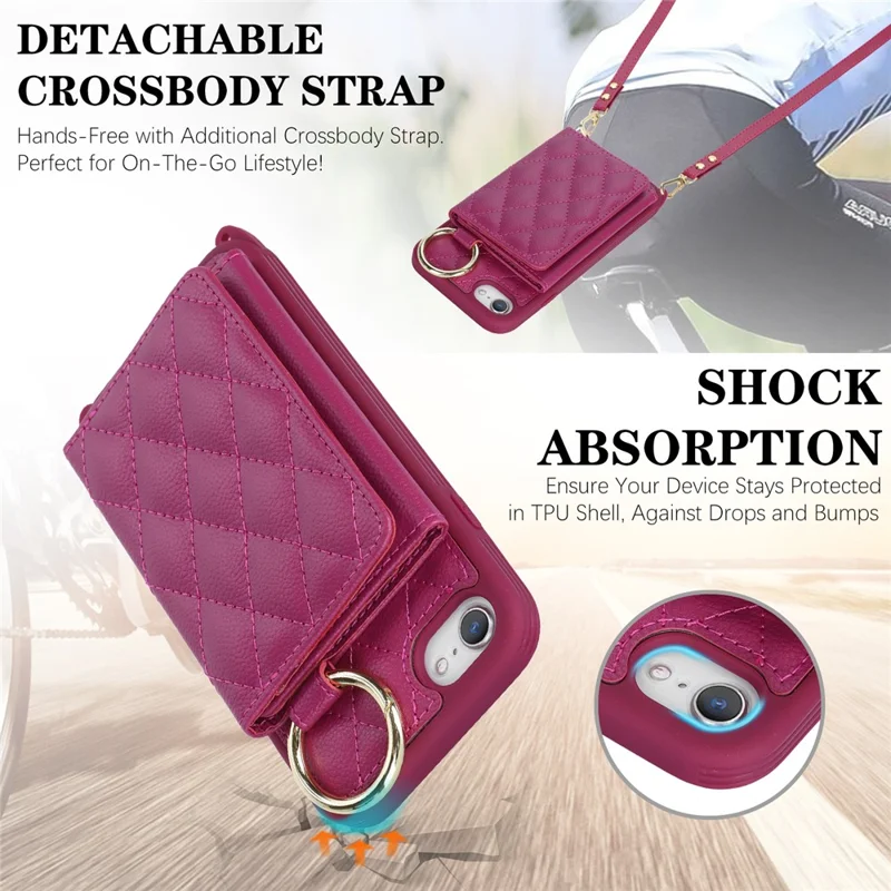 For iPhone SE (2022) / (2020) / 8 / 7 Case with Lanyard / Mirror / Card Holder Grids Pattern RFID Blocking Phone Cover - Rose