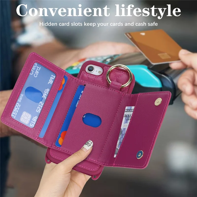 For iPhone SE (2022) / (2020) / 8 / 7 Case with Lanyard / Mirror / Card Holder Grids Pattern RFID Blocking Phone Cover - Rose