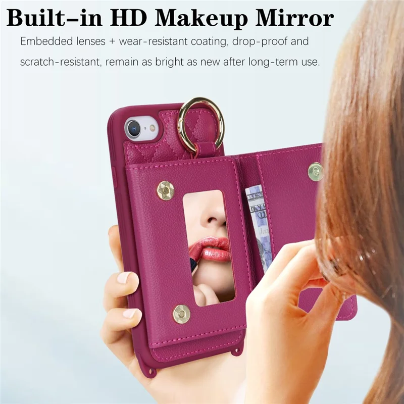 For iPhone SE (2022) / (2020) / 8 / 7 Case with Lanyard / Mirror / Card Holder Grids Pattern RFID Blocking Phone Cover - Rose
