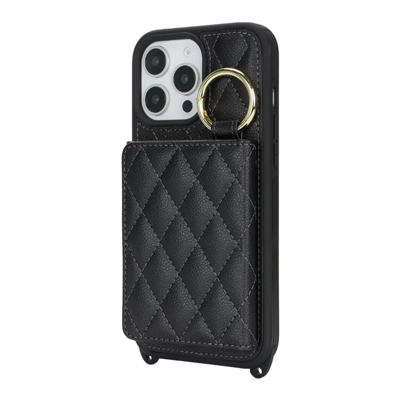 For iPhone 13 Pro Max / 12 Pro Max Case with Lanyard  /  Mirror  /  Card Holder Grids Pattern RFID Blocking Phone Cover - Black