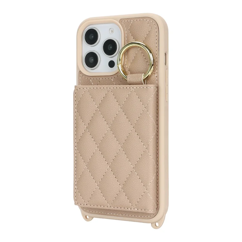 For iPhone 13 Pro Max / 12 Pro Max Case with Lanyard  /  Mirror  /  Card Holder Grids Pattern RFID Blocking Phone Cover - Beige