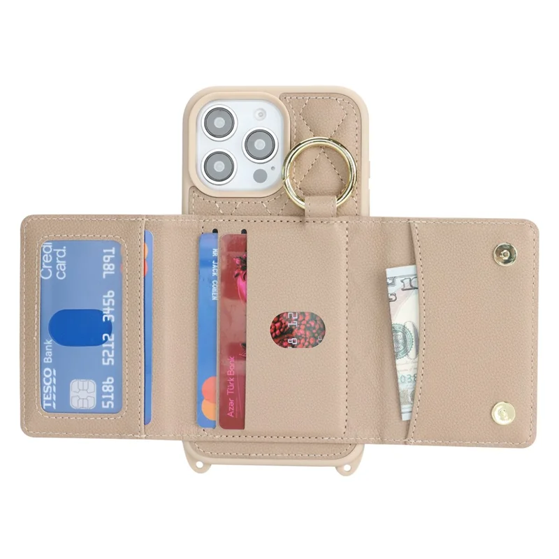 For iPhone 13 Pro Max / 12 Pro Max Case with Lanyard  /  Mirror  /  Card Holder Grids Pattern RFID Blocking Phone Cover - Beige
