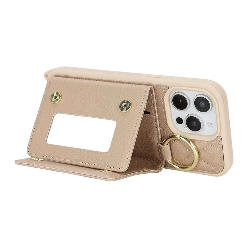 For iPhone 13 Pro Max / 12 Pro Max Case with Lanyard  /  Mirror  /  Card Holder Grids Pattern RFID Blocking Phone Cover - Beige