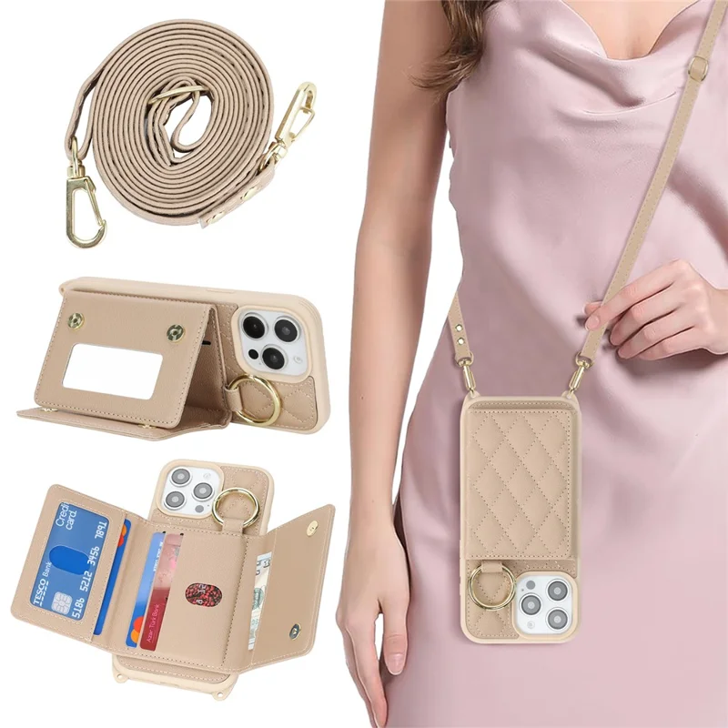 For iPhone 13 Pro Max / 12 Pro Max Case with Lanyard  /  Mirror  /  Card Holder Grids Pattern RFID Blocking Phone Cover - Beige