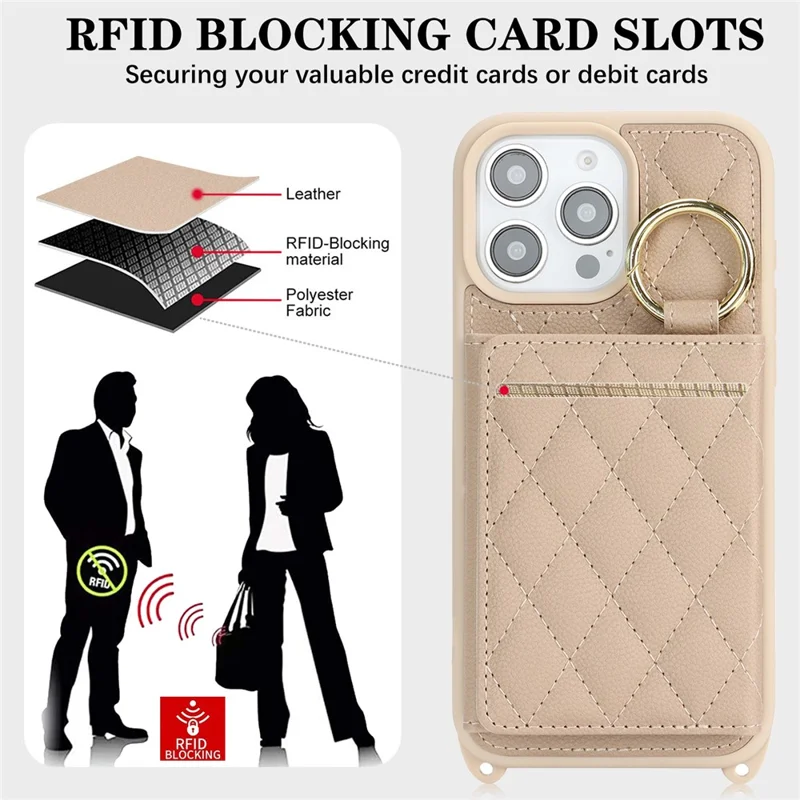 For iPhone 13 Pro Max / 12 Pro Max Case with Lanyard  /  Mirror  /  Card Holder Grids Pattern RFID Blocking Phone Cover - Beige