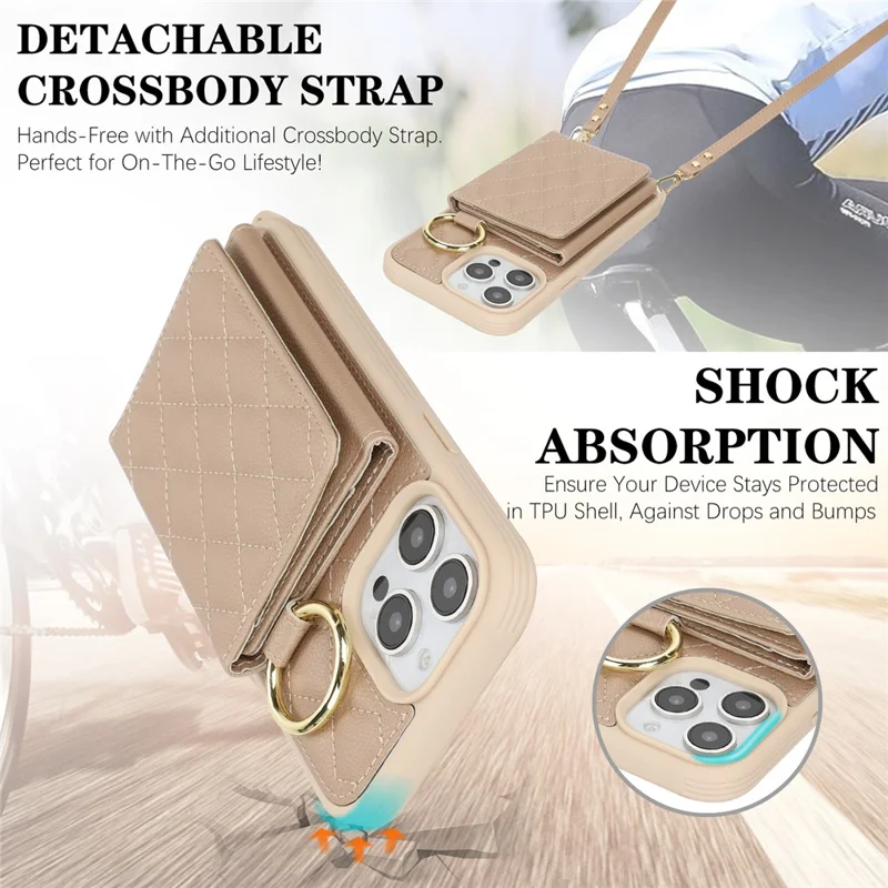 For iPhone 13 Pro Max / 12 Pro Max Case with Lanyard  /  Mirror  /  Card Holder Grids Pattern RFID Blocking Phone Cover - Beige