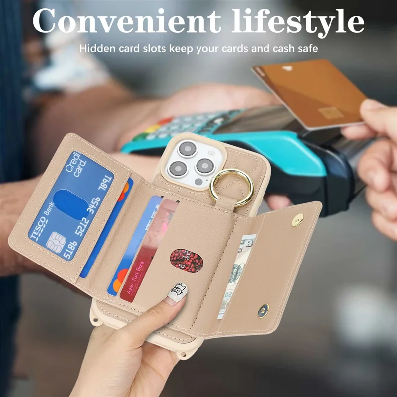For iPhone 13 Pro Max / 12 Pro Max Case with Lanyard  /  Mirror  /  Card Holder Grids Pattern RFID Blocking Phone Cover - Beige
