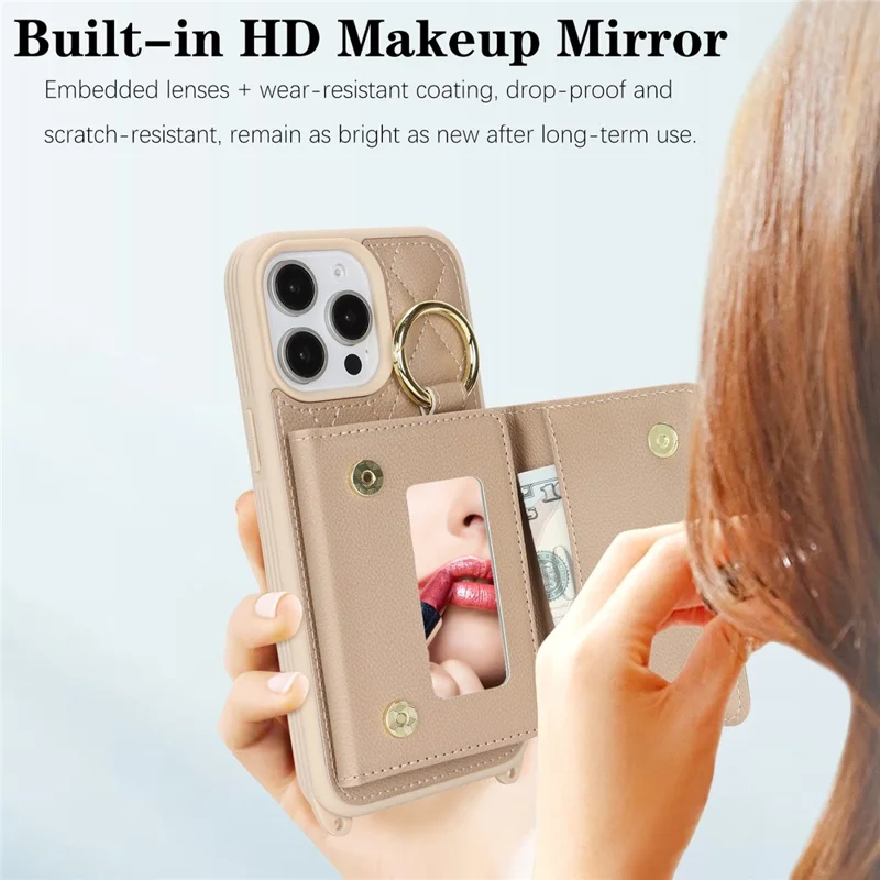 For iPhone 13 Pro Max / 12 Pro Max Case with Lanyard  /  Mirror  /  Card Holder Grids Pattern RFID Blocking Phone Cover - Beige