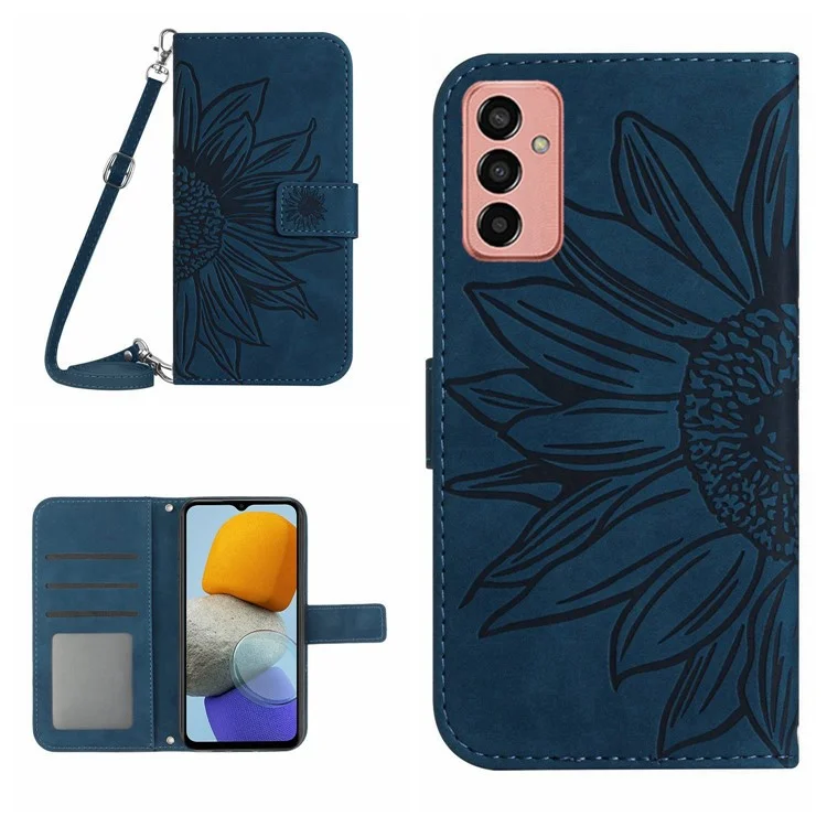 HT04 Étui de Téléphone de Tournesol Imprimé Pour Samsung Galaxy M23 5G / F23 5G, Portefeuille en Cuir PU Stand Magnétique Couvre-téléphone Anti-chute de la Peau Avec Bandoulière Avec Bandoulière - Bleu Foncé