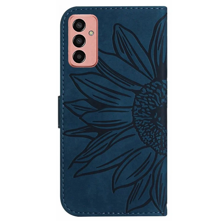 HT04 Étui de Téléphone de Tournesol Imprimé Pour Samsung Galaxy M23 5G / F23 5G, Portefeuille en Cuir PU Stand Magnétique Couvre-téléphone Anti-chute de la Peau Avec Bandoulière Avec Bandoulière - Bleu Foncé