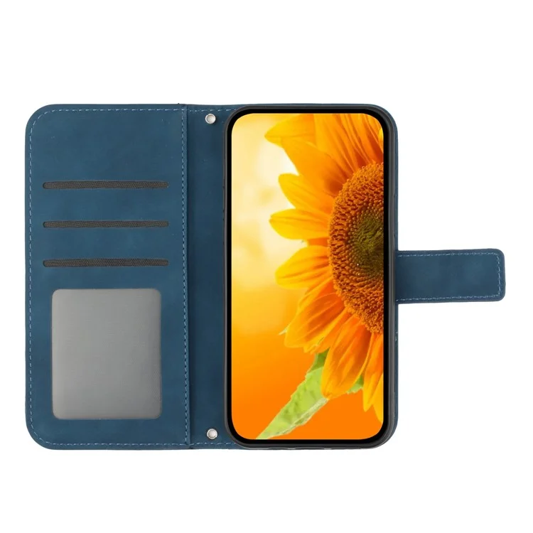 HT04 Étui de Téléphone de Tournesol Imprimé Pour Samsung Galaxy M23 5G / F23 5G, Portefeuille en Cuir PU Stand Magnétique Couvre-téléphone Anti-chute de la Peau Avec Bandoulière Avec Bandoulière - Bleu Foncé