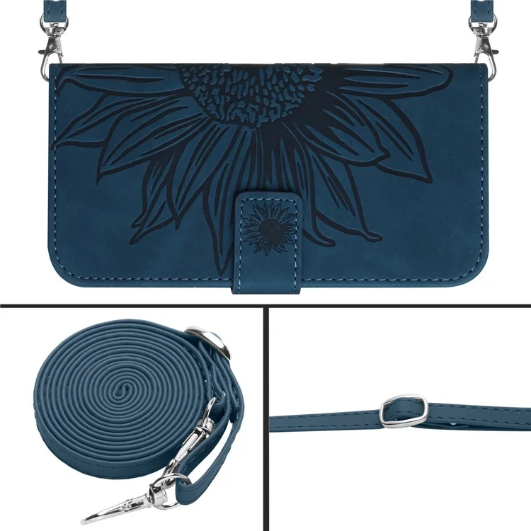 HT04 Étui de Téléphone de Tournesol Imprimé Pour Samsung Galaxy M23 5G / F23 5G, Portefeuille en Cuir PU Stand Magnétique Couvre-téléphone Anti-chute de la Peau Avec Bandoulière Avec Bandoulière - Bleu Foncé