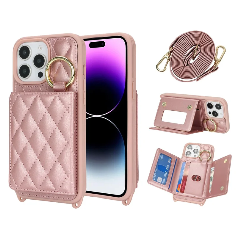 For iPhone 14 Pro Case with Lanyard  /  Mirror  /  Card Holder Grids Pattern RFID Blocking Phone Cover - Rose Gold