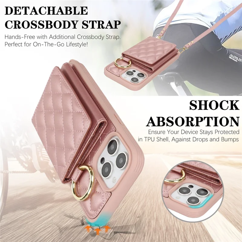 For iPhone 14 Pro Case with Lanyard  /  Mirror  /  Card Holder Grids Pattern RFID Blocking Phone Cover - Rose Gold