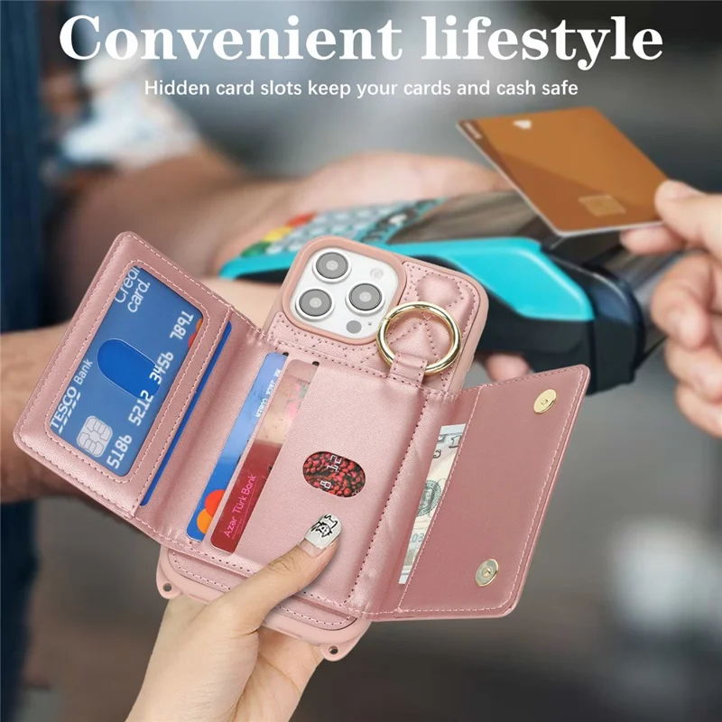 For iPhone 14 Pro Case with Lanyard  /  Mirror  /  Card Holder Grids Pattern RFID Blocking Phone Cover - Rose Gold