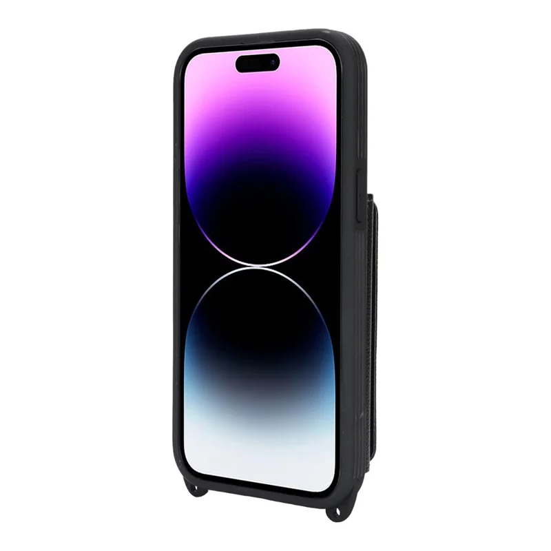 For iPhone 14 Pro Case with Lanyard  /  Mirror  /  Card Holder Grids Pattern RFID Blocking Phone Cover - Black