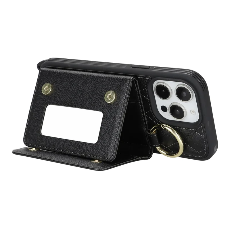 For iPhone 14 Pro Case with Lanyard  /  Mirror  /  Card Holder Grids Pattern RFID Blocking Phone Cover - Black