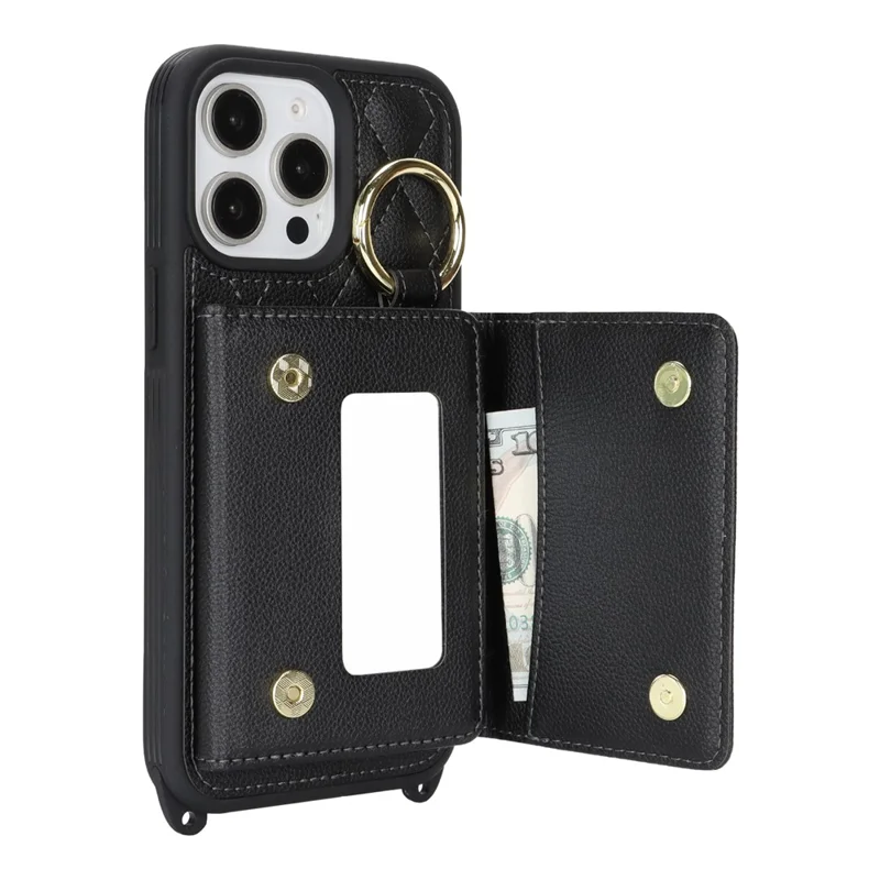 For iPhone 14 Pro Case with Lanyard  /  Mirror  /  Card Holder Grids Pattern RFID Blocking Phone Cover - Black