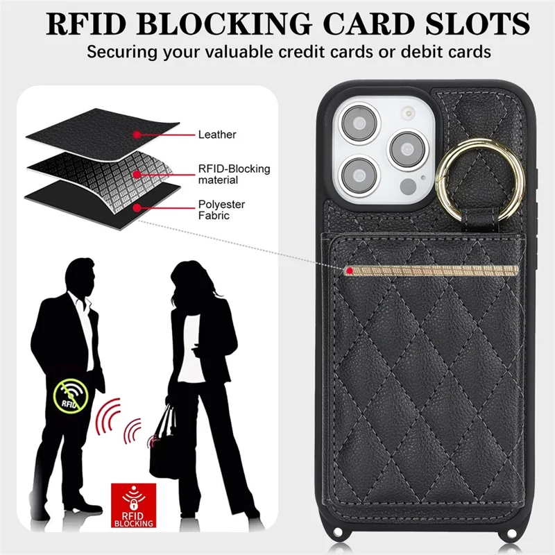 For iPhone 14 Pro Case with Lanyard  /  Mirror  /  Card Holder Grids Pattern RFID Blocking Phone Cover - Black